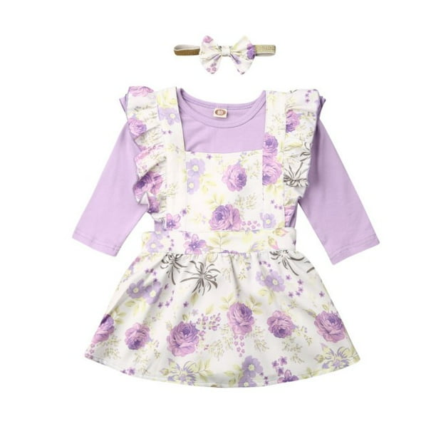 Baby Girls Ruffle Romper Floral Skirt Overall with Headband Outfits